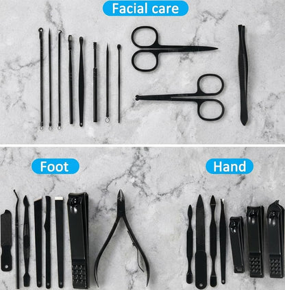 Internal view of Minkinh manicure set showcasing all 26 stainless steel tools
