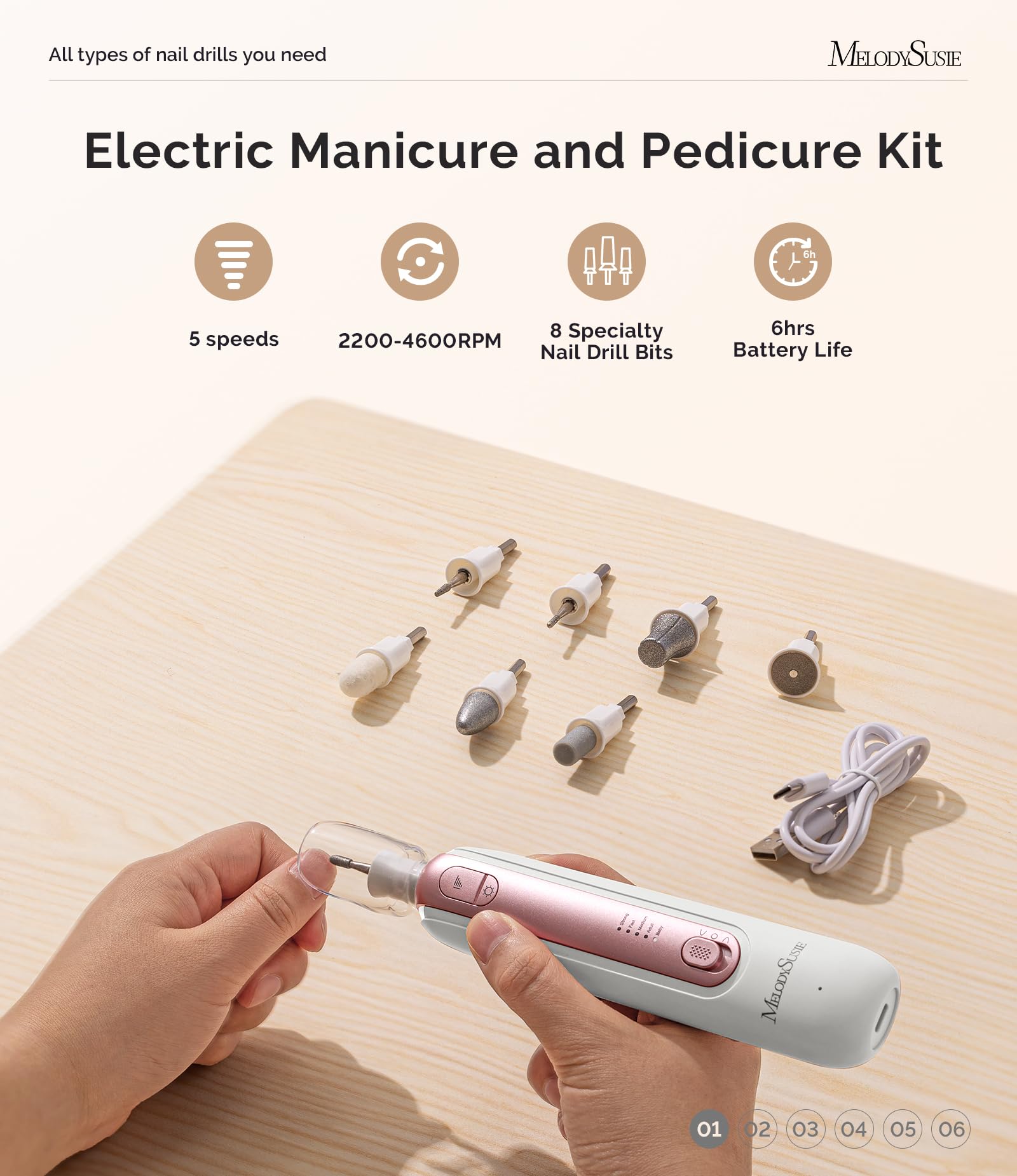 MelodySusie nail drill set showing 8 interchangeable bits