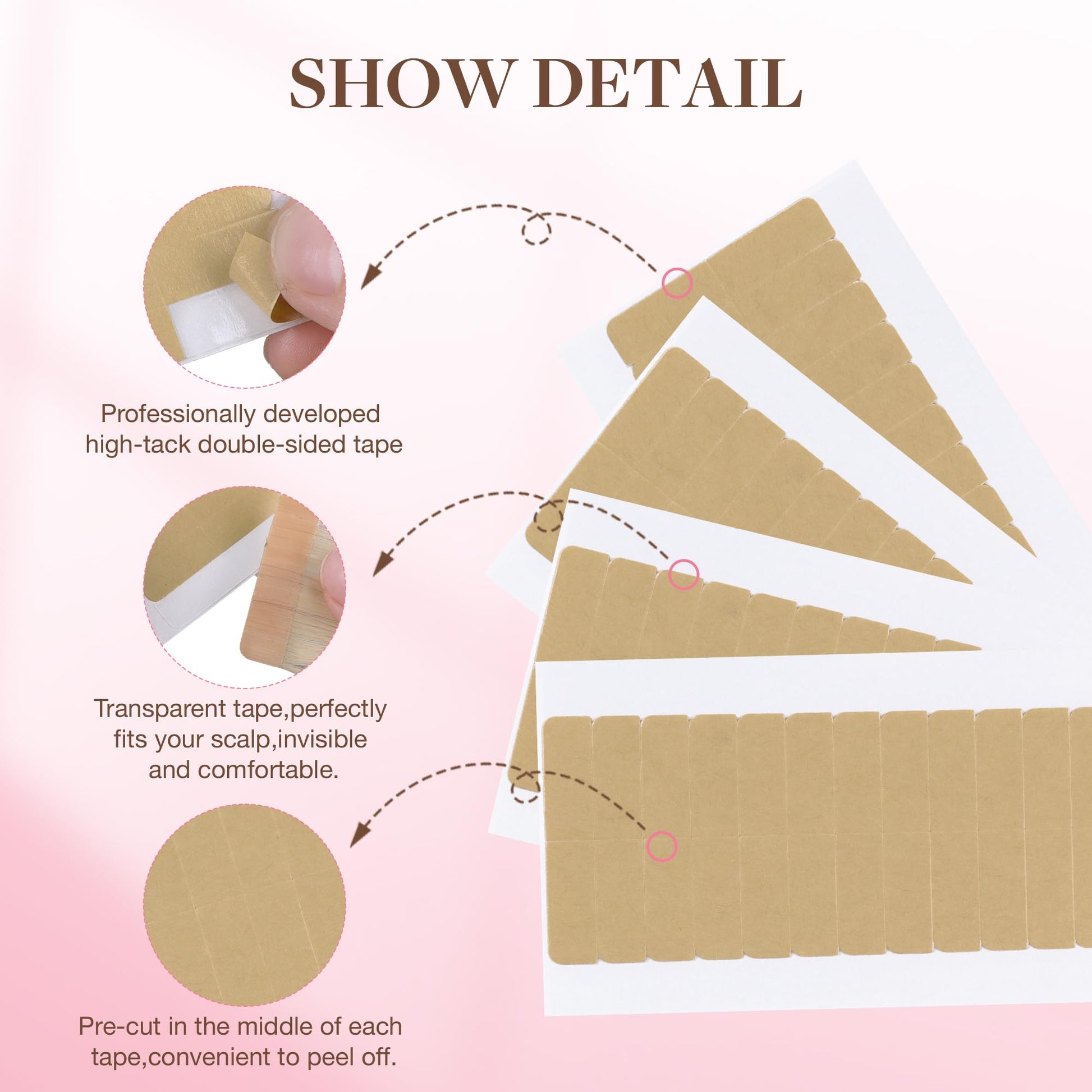 GOO GOO strong hair extension tape package layout showing dimensions of one point six by zero point three inches