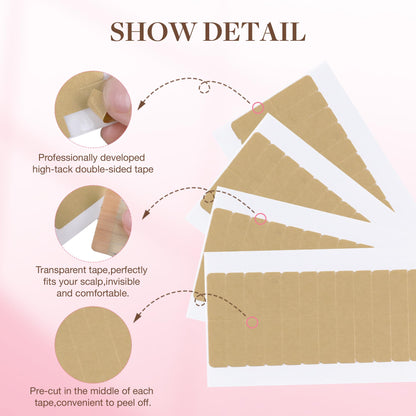 GOO GOO strong hair extension tape package layout showing dimensions of one point six by zero point three inches