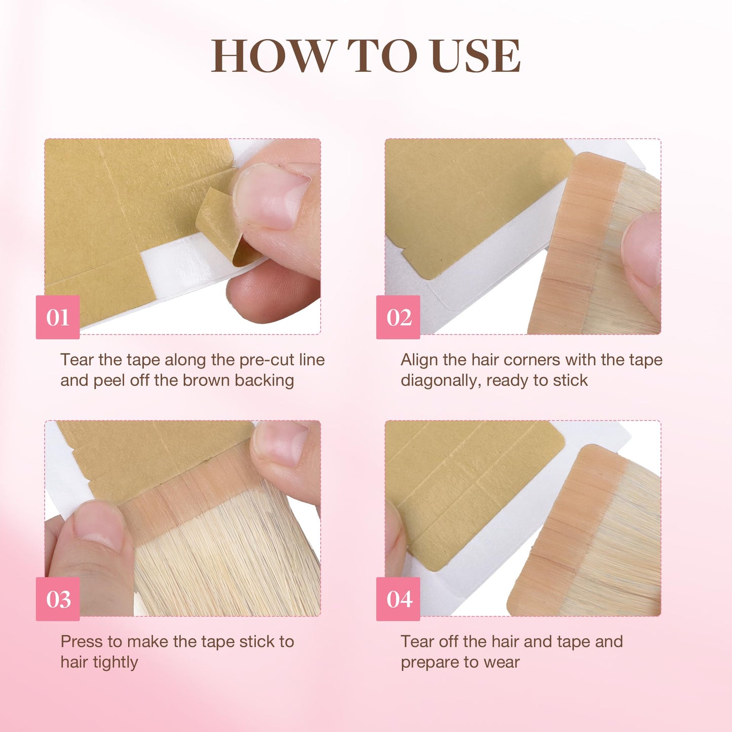 Step by step application guide for GOO GOO double sided hair extension adhesive replacement tape tabs