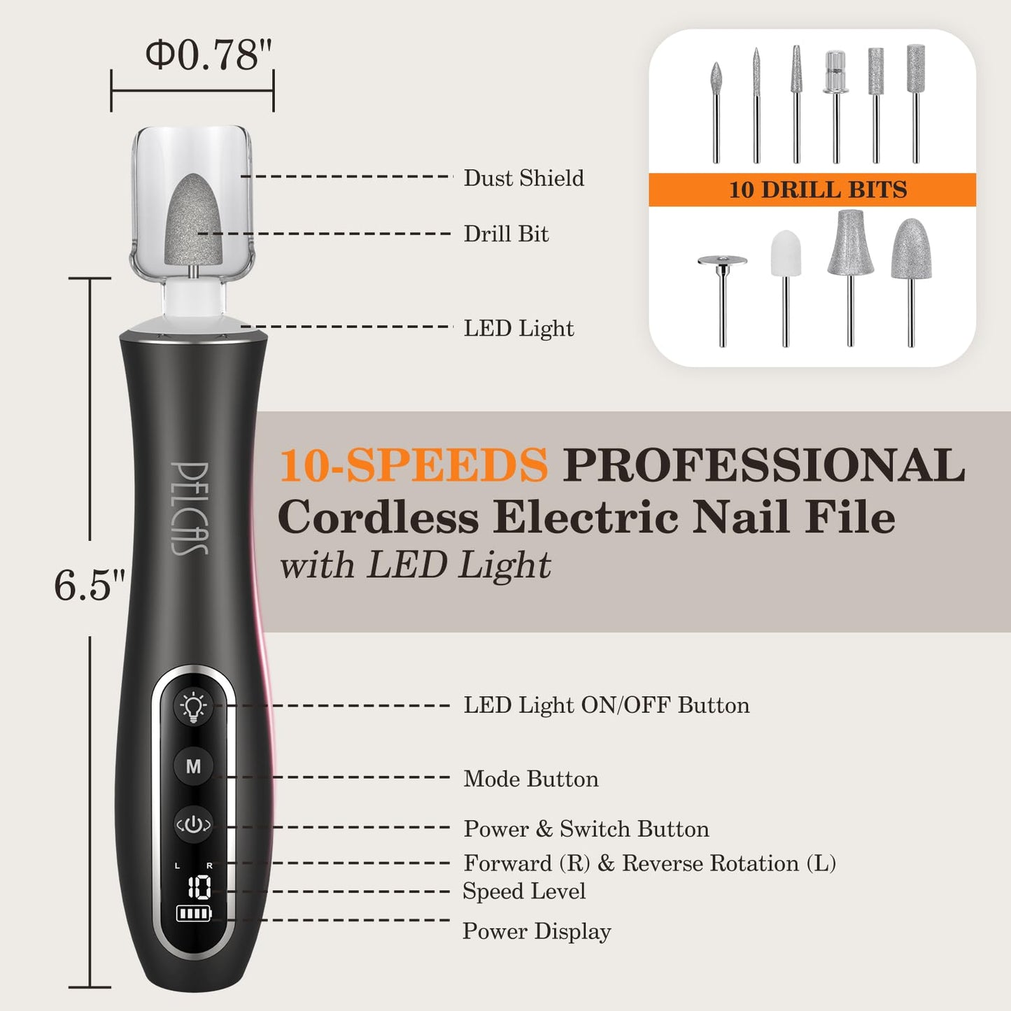 Pelcas cordless nail drill showing LCD screen speed settings