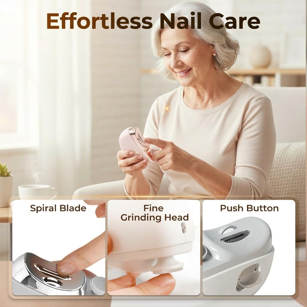 Side profile of VLZLQ electric nail trimmer showing ergonomic design