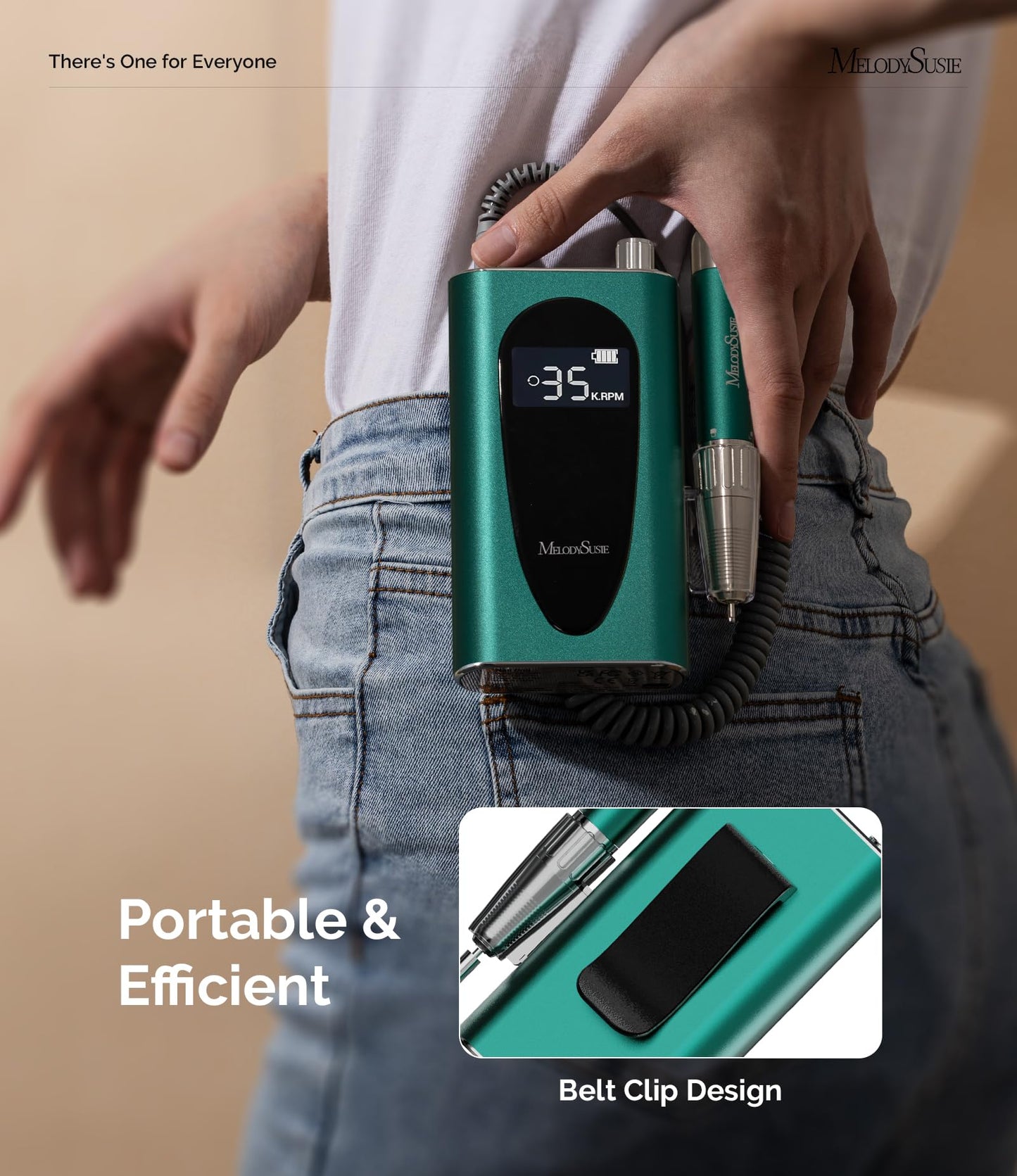 MelodySusie Sparkle Plus green electric file handpiece showing the lightweight aluminum alloy construction and twist-lock mechanism.