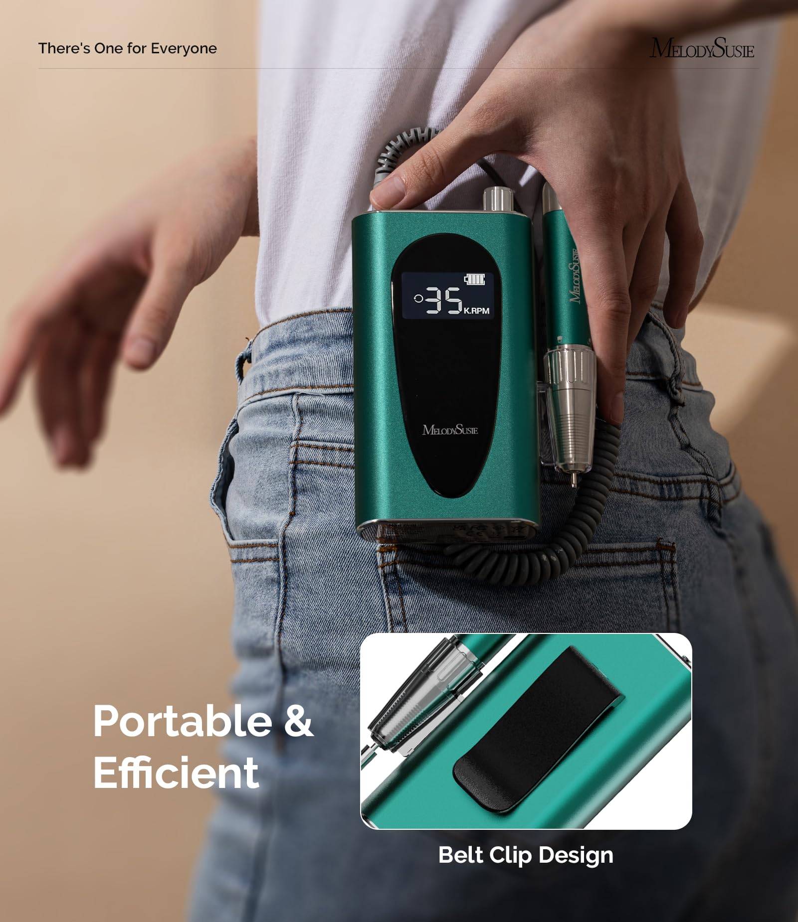 MelodySusie Sparkle Plus green electric file handpiece showing the lightweight aluminum alloy construction and twist-lock mechanism.