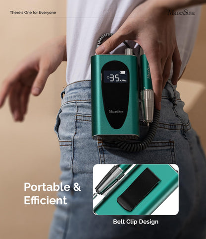MelodySusie Sparkle Plus green electric file handpiece showing the lightweight aluminum alloy construction and twist-lock mechanism.