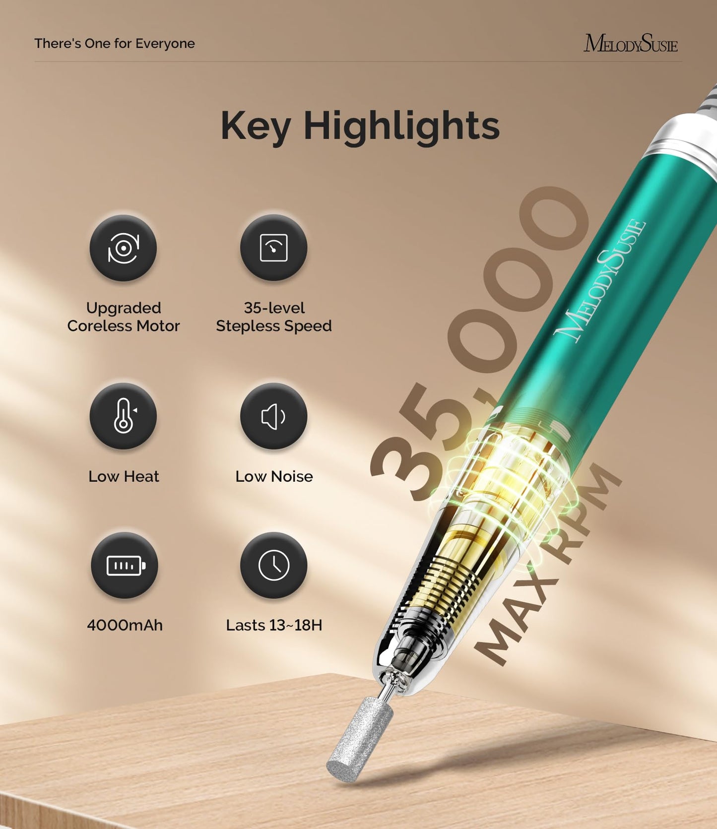MelodySusie 35000RPM rechargeable nail drill set featuring the eight included professional metal carbide and ceramic drill bits.