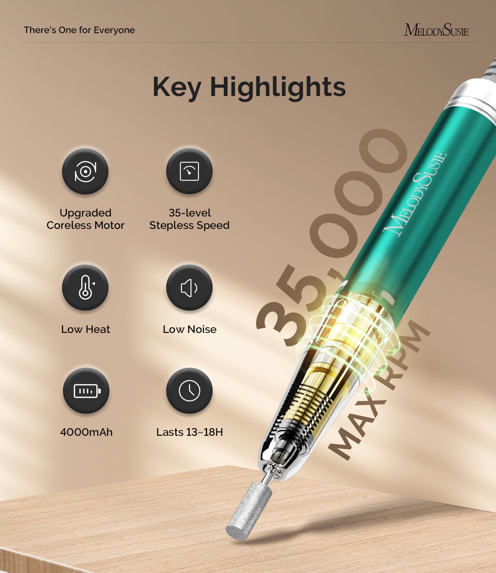 MelodySusie 35000RPM rechargeable nail drill set featuring the eight included professional metal carbide and ceramic drill bits.