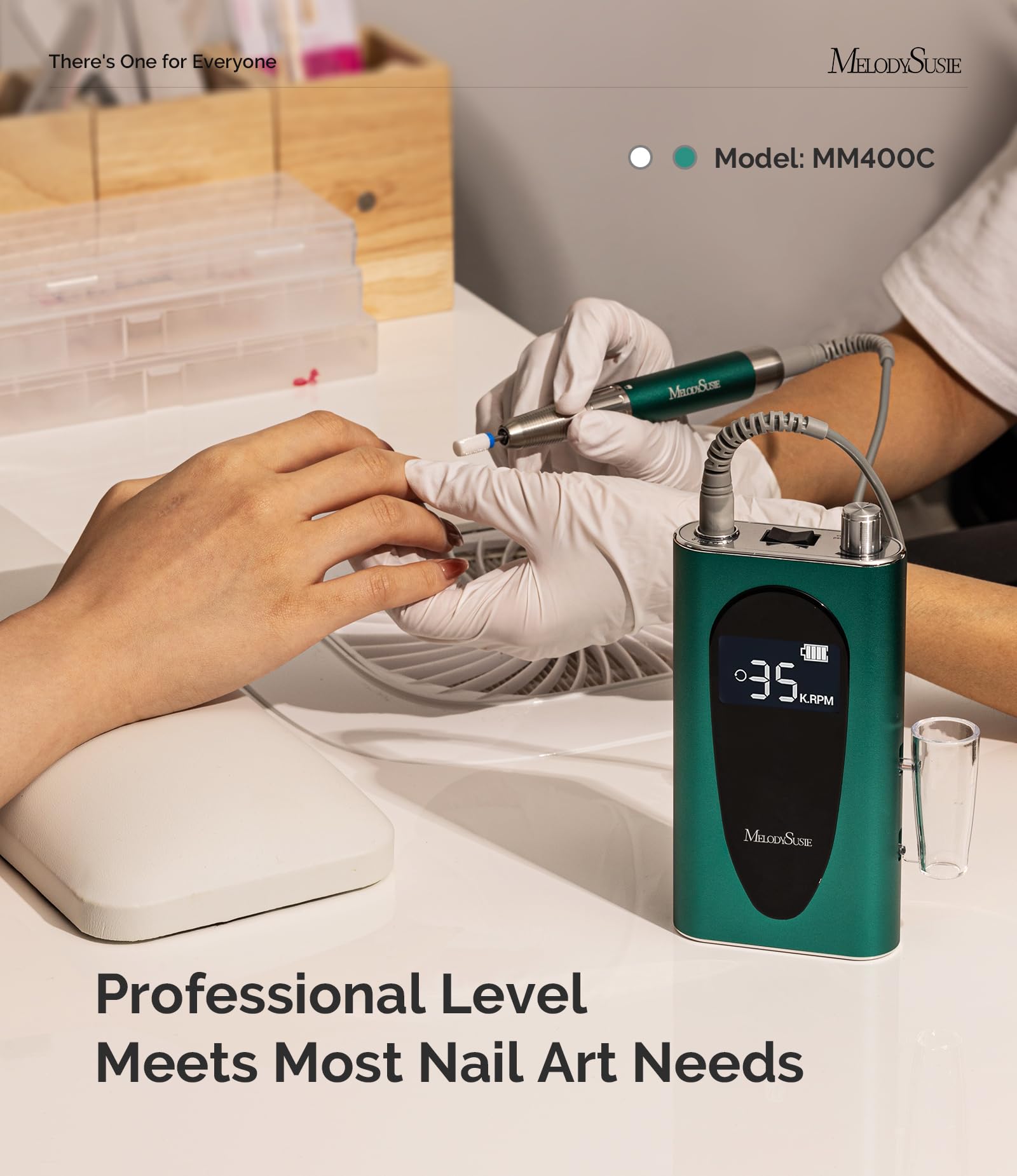 MelodySusie cordless e-file showing the rear built-in belt clip for portable hands-free salon and home manicure use.