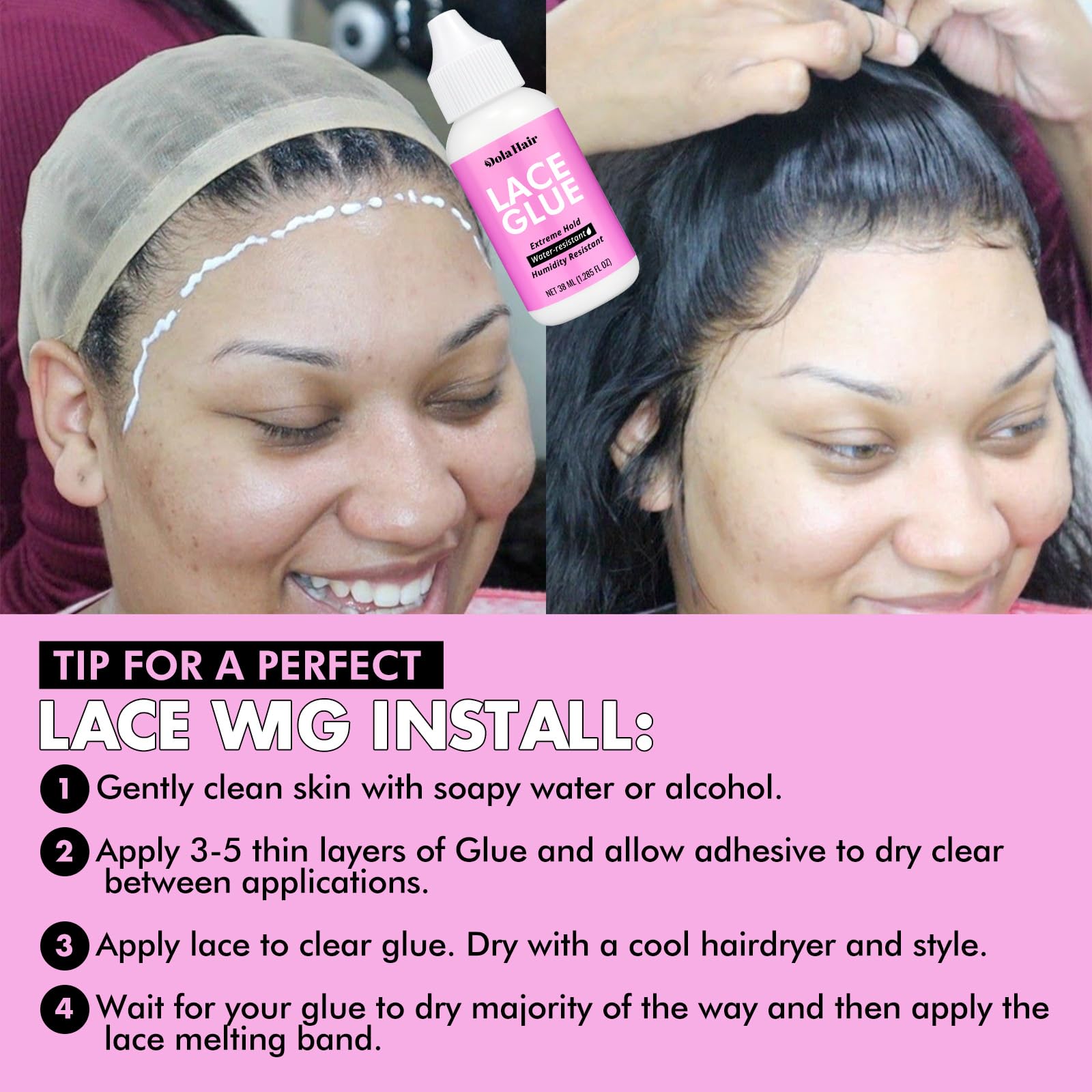 Back label view of the latex free water based wig glue displaying usage safety information and volume details.