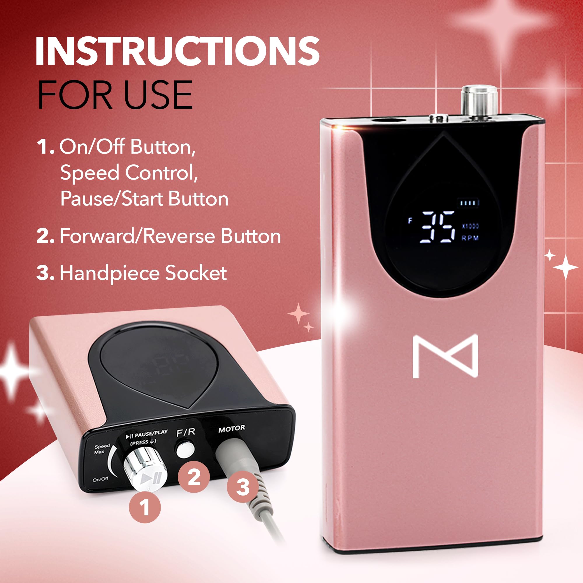 M Max cordless professional nail drill handpiece and desktop setup.