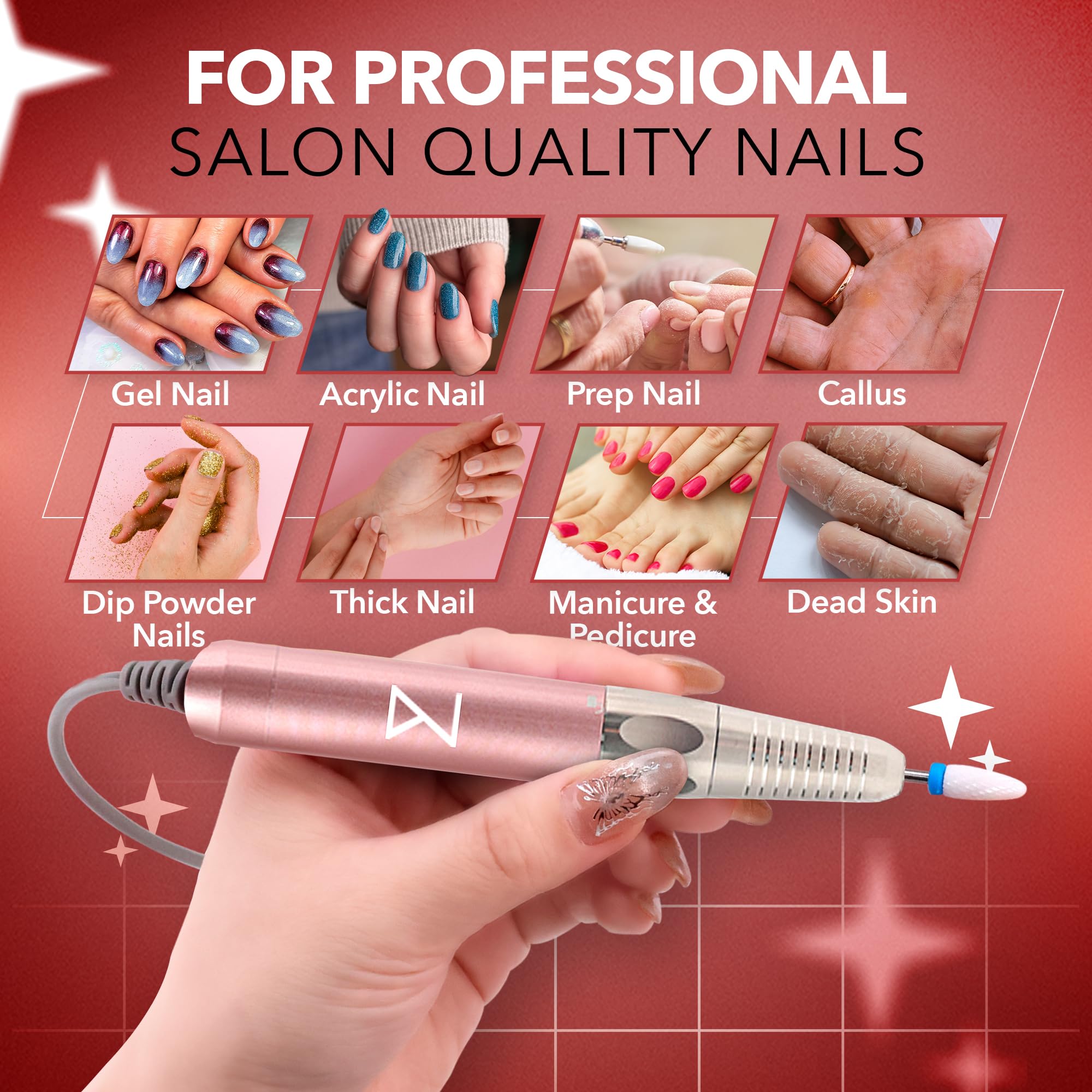 Rose gold M Max 35000 RPM nail drill machine with packaging.