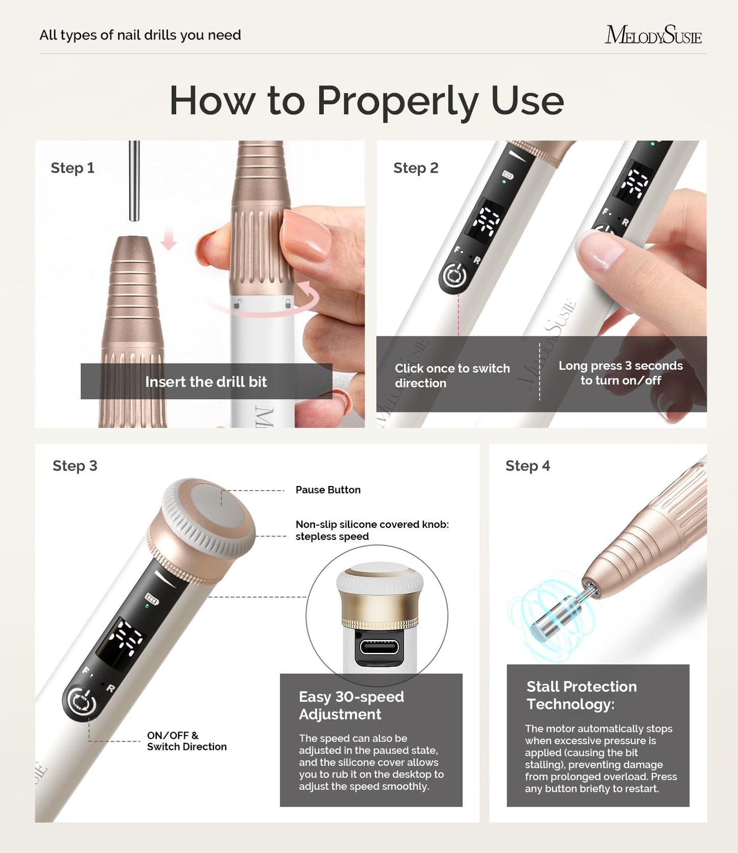 Side profile of MelodySusie SM220G portable nail drill