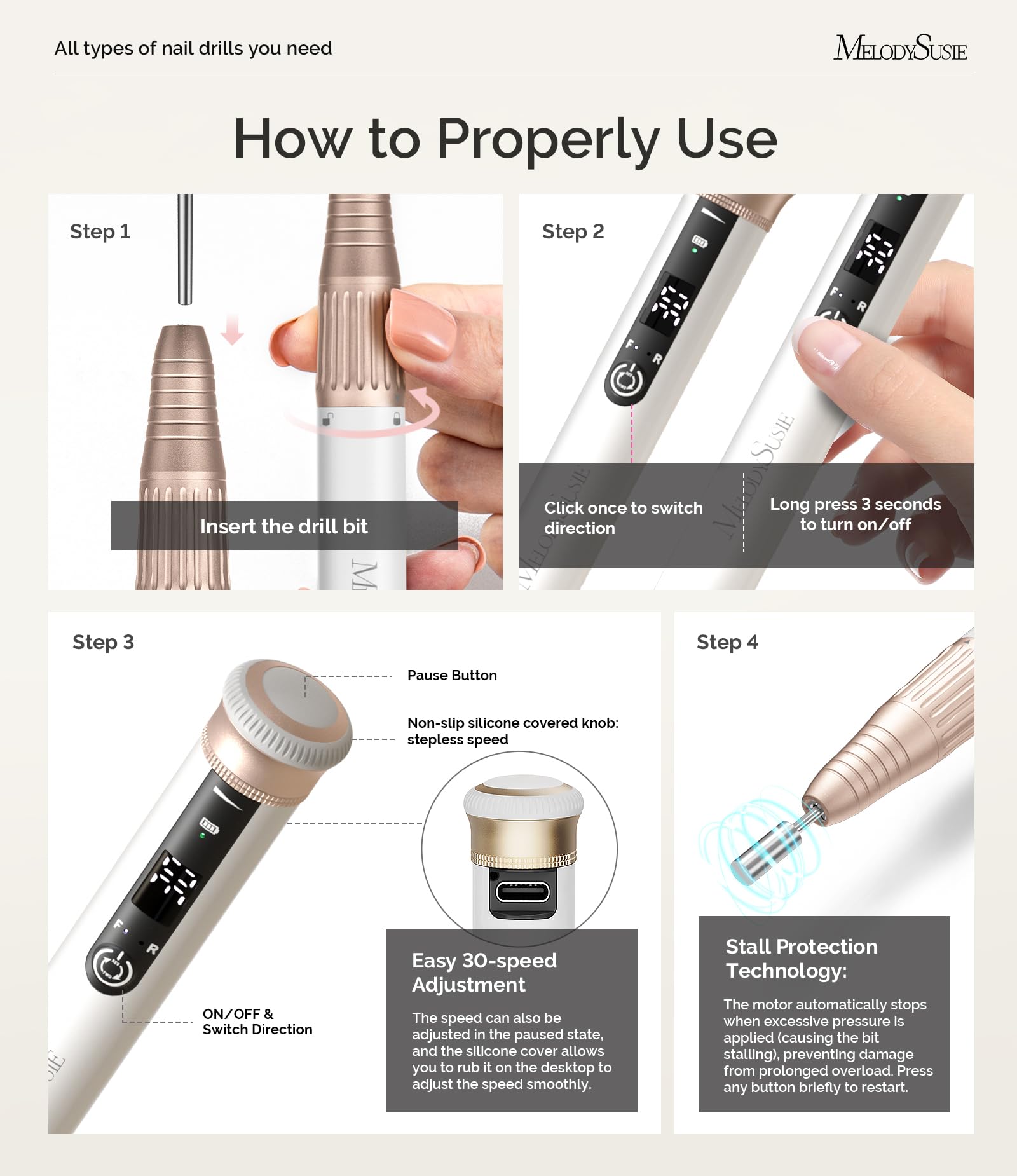 Side profile of MelodySusie SM220G portable nail drill