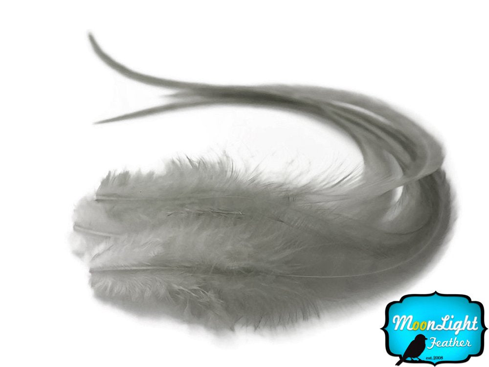Close up of Moonlight Feather grey hair extension feathers