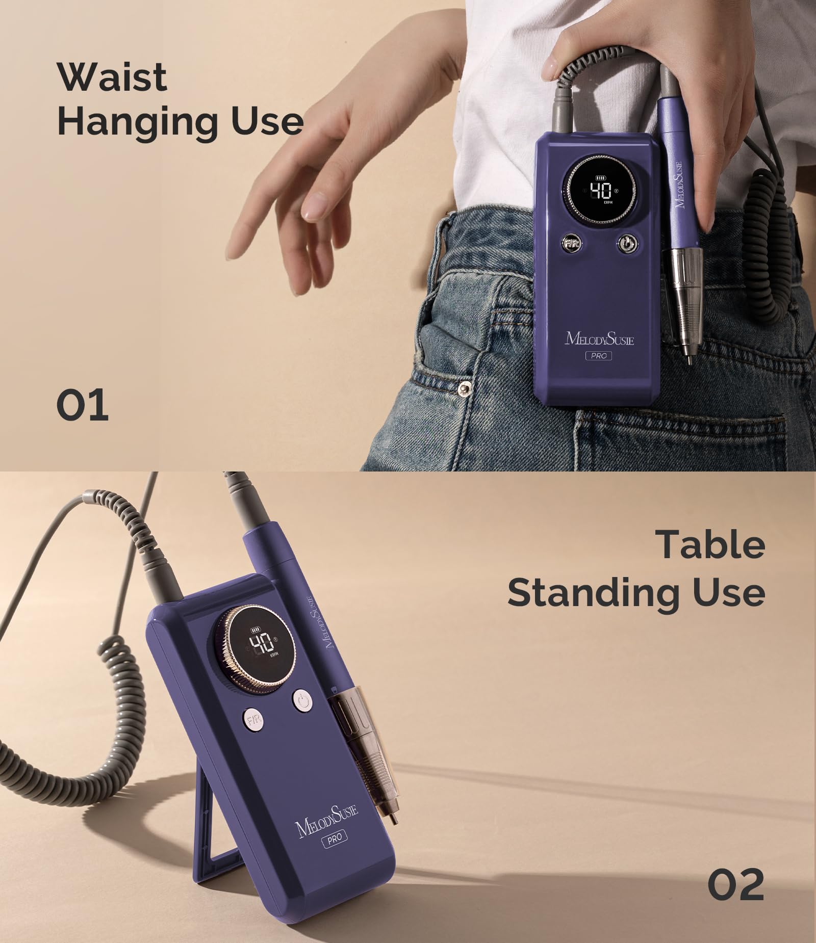 MelodySusie nail drill with built-in adjustable stand displayed