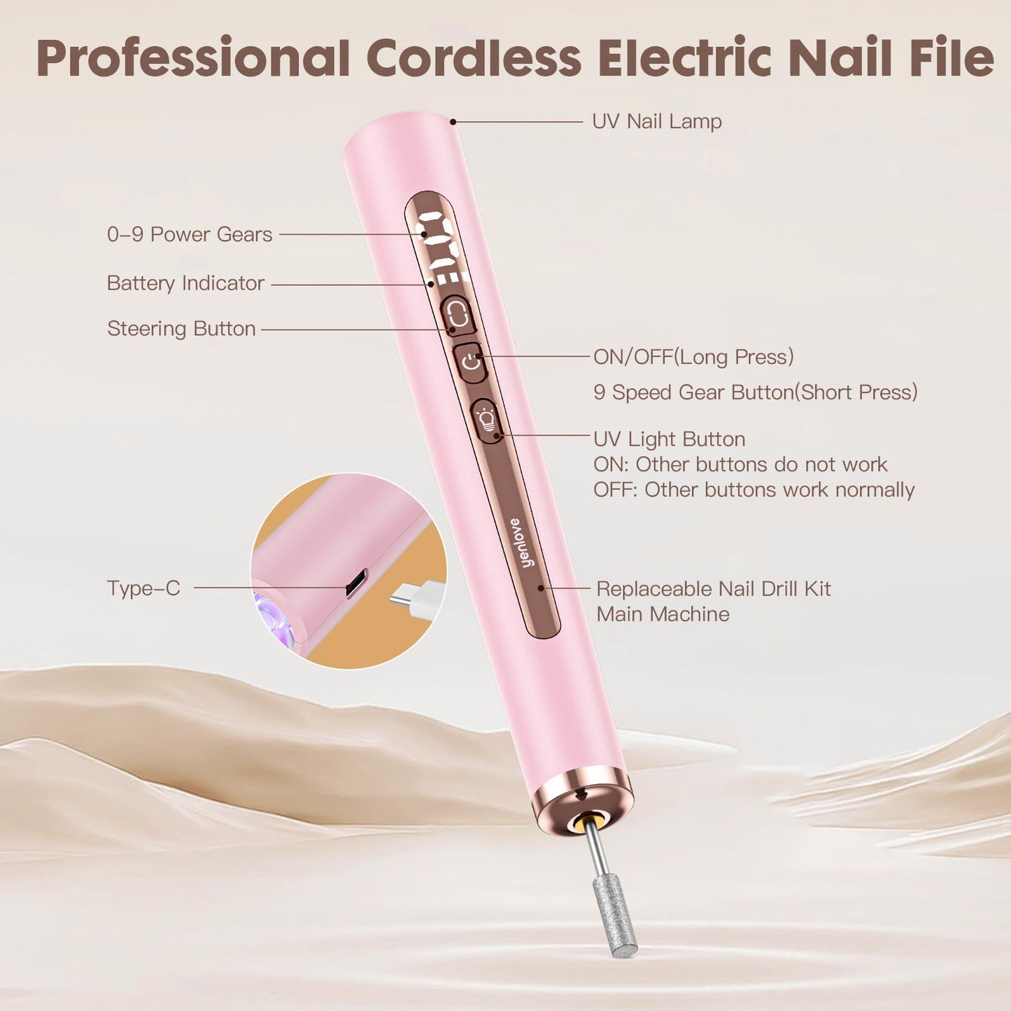 YenLove nail drill kit demonstrating gel polish curing function