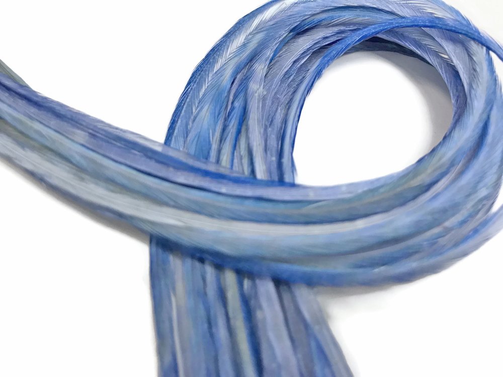 Close up detail of 11.5 inch light blue rooster hair feathers