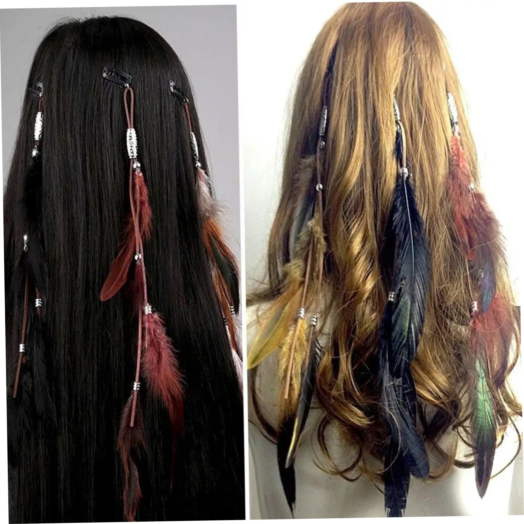 Bohemian style feather hair extensions with braided beads detail