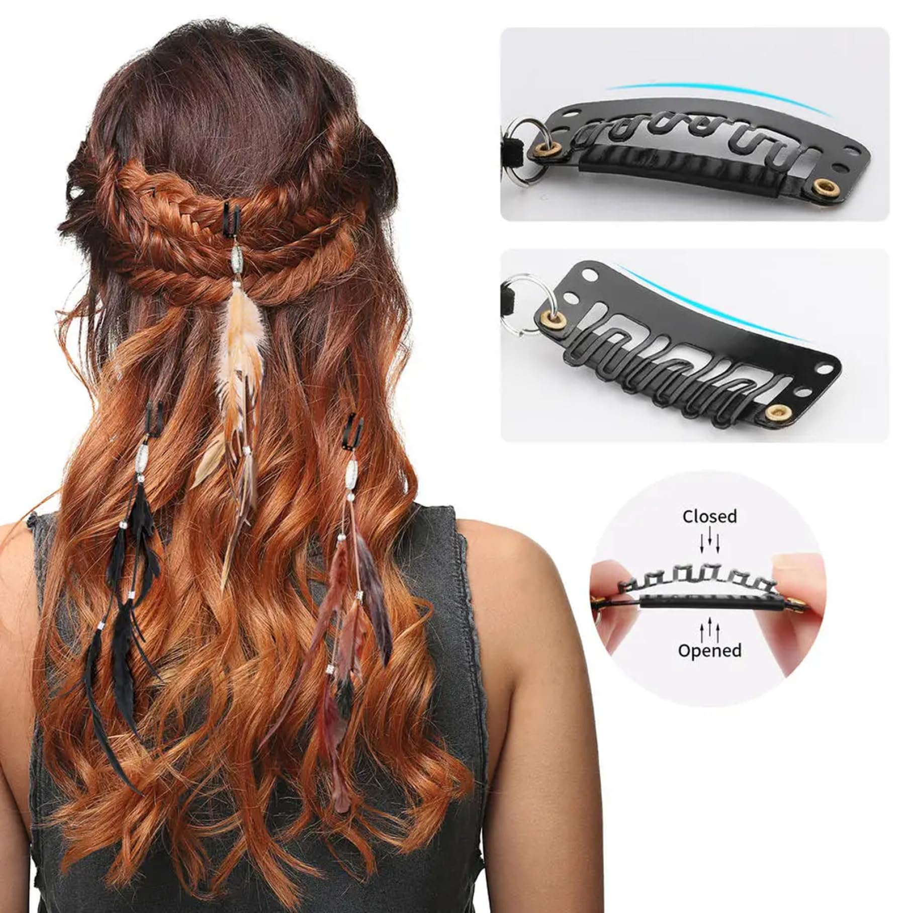 Close up of feather hair extension comb clip application