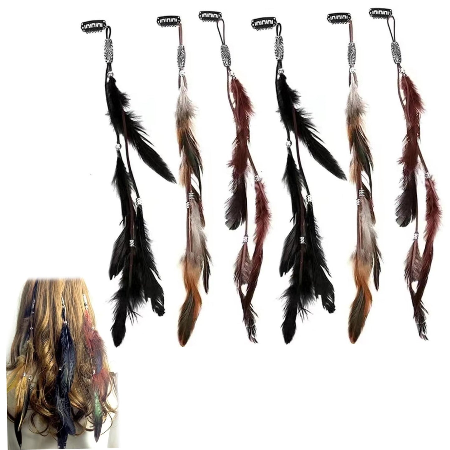 Festival ready feather hair accessories set of 6 pieces