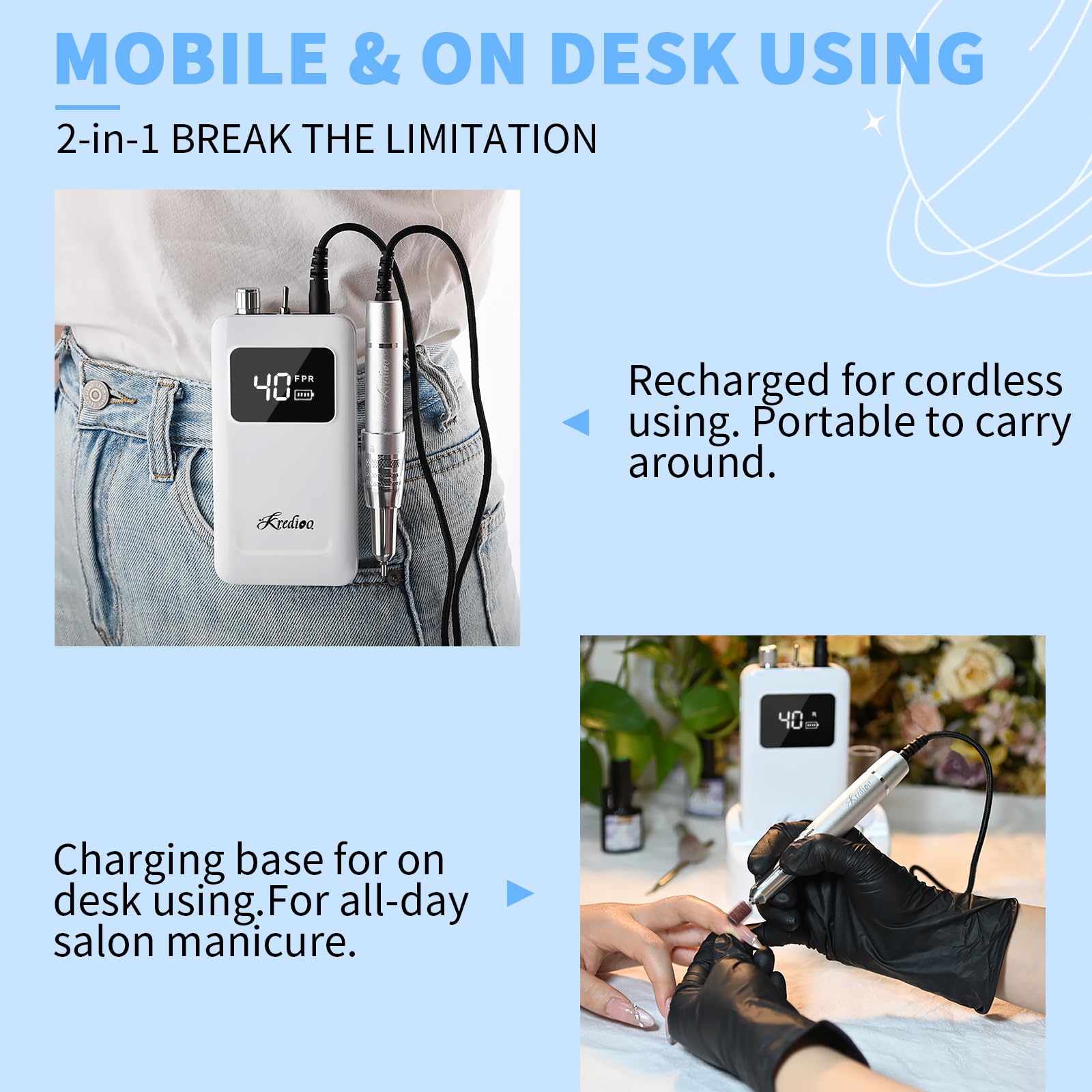 Side profile of Kredioo portable nail drill machine