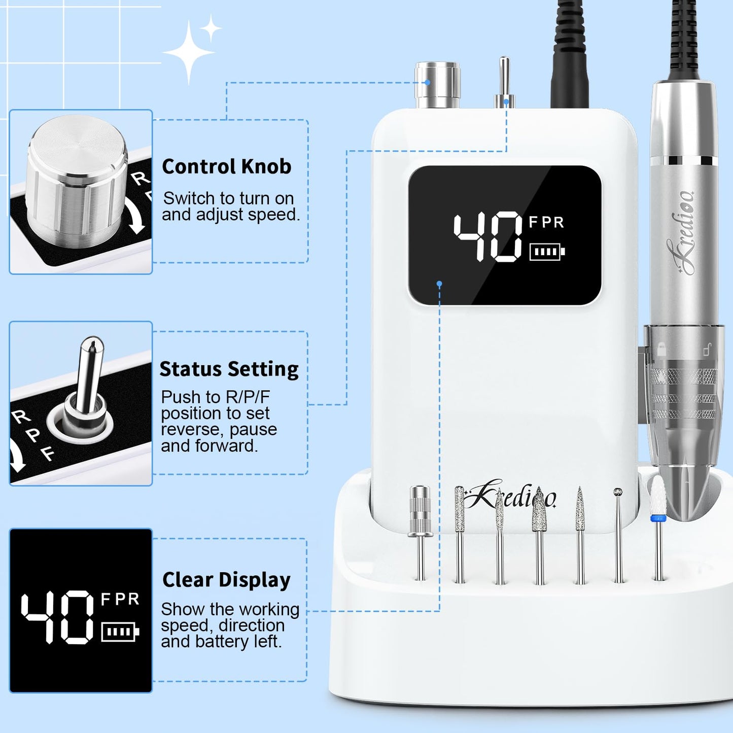 Professional nail technician using Kredioo e-file