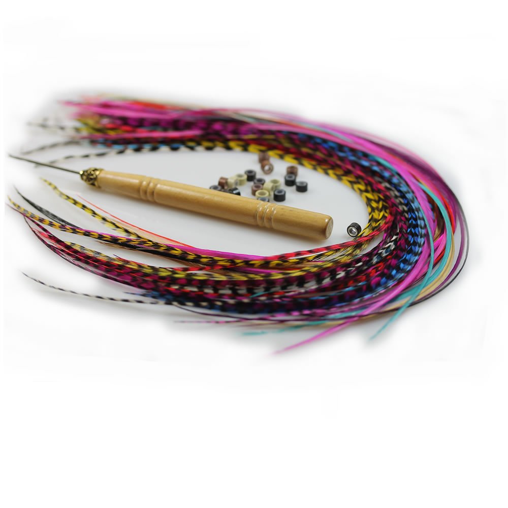 Close up of individual grizzly and solid rainbow hair feathers