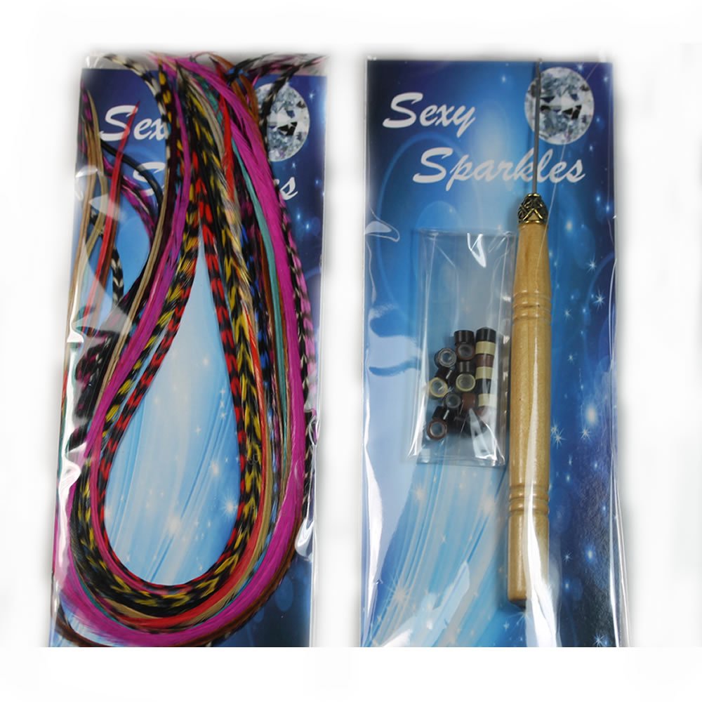 Real rooster feather hair extension application tool and beads