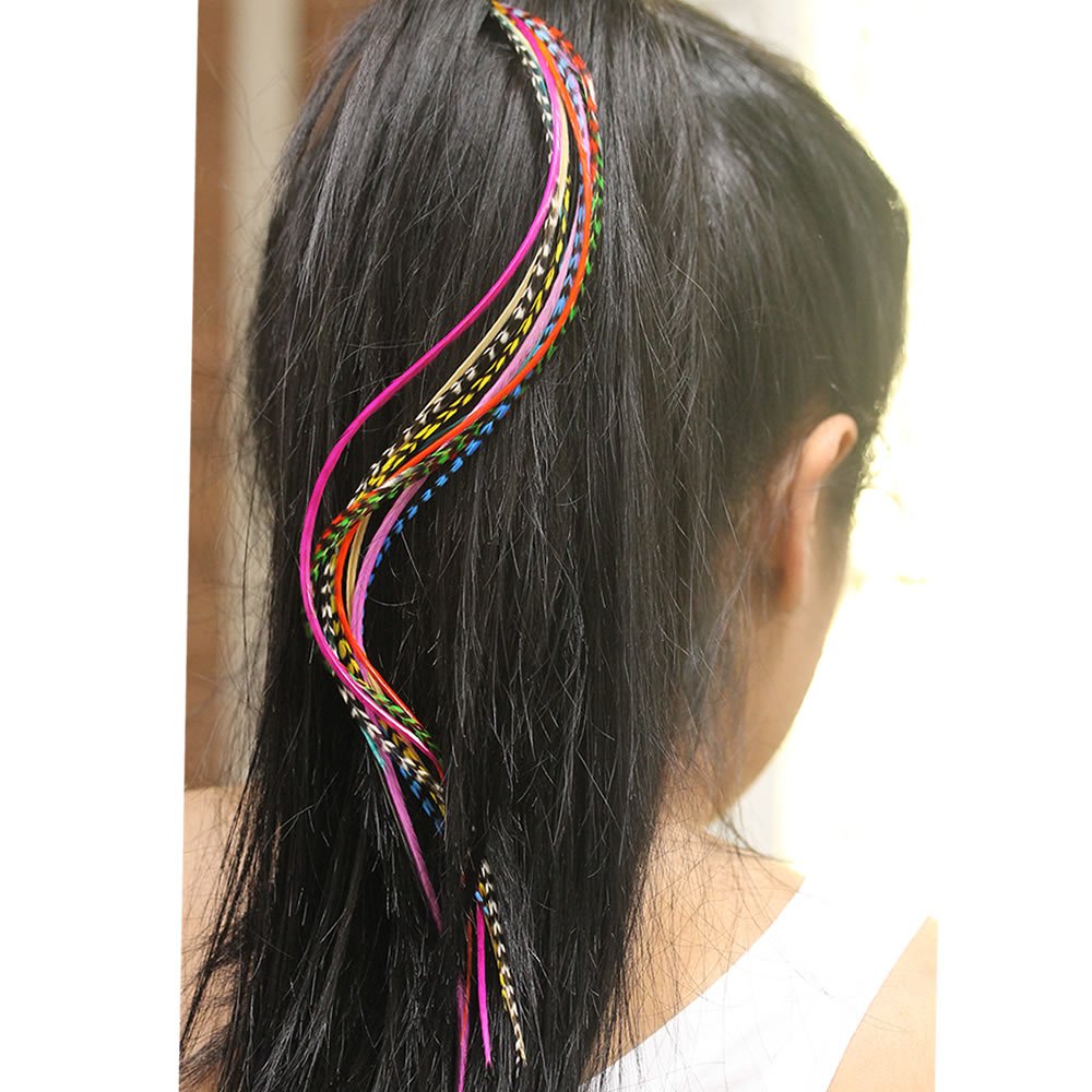 Model showing 8 to 11 inch rainbow feather hair extensions