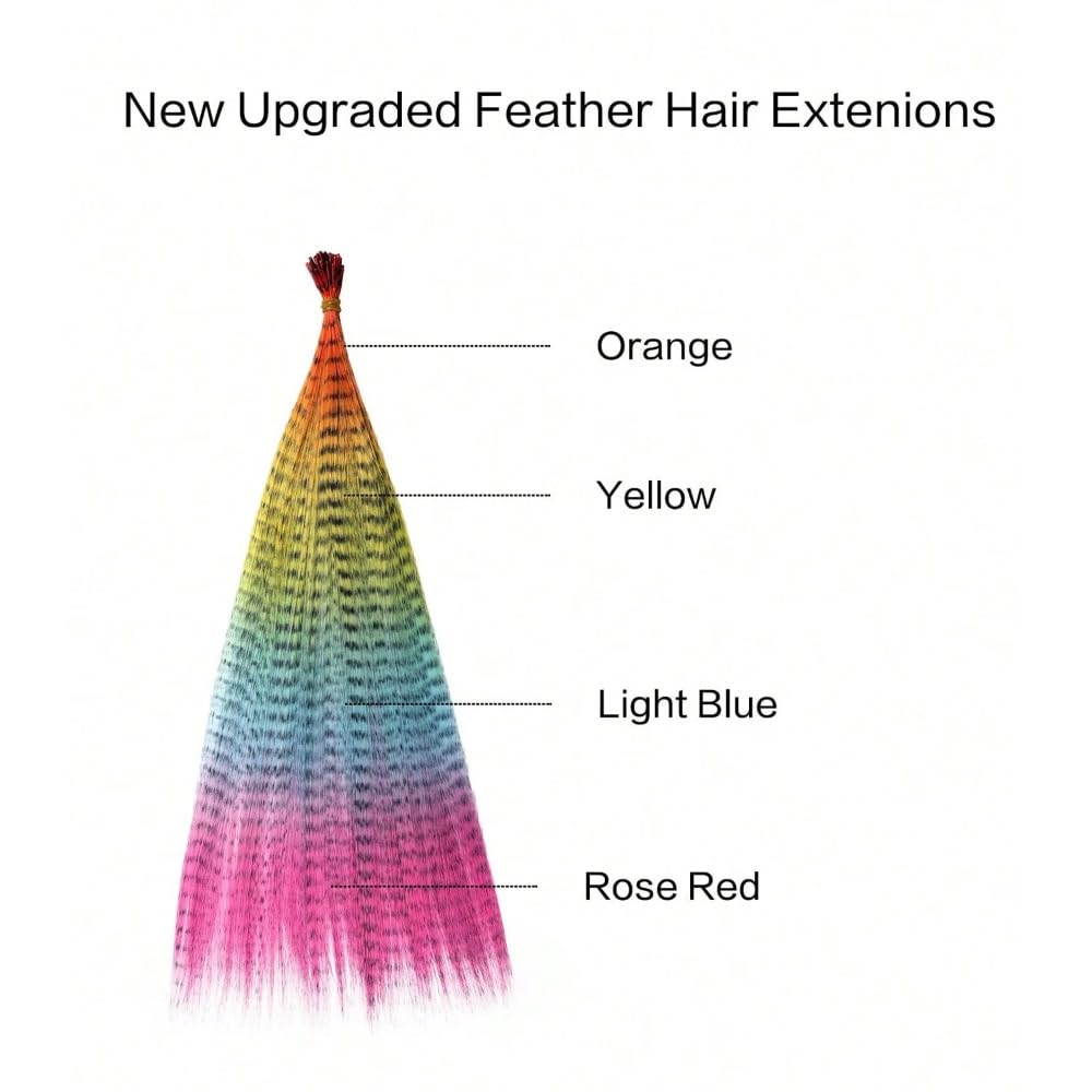 Close up of rainbow feather hair streaks texture