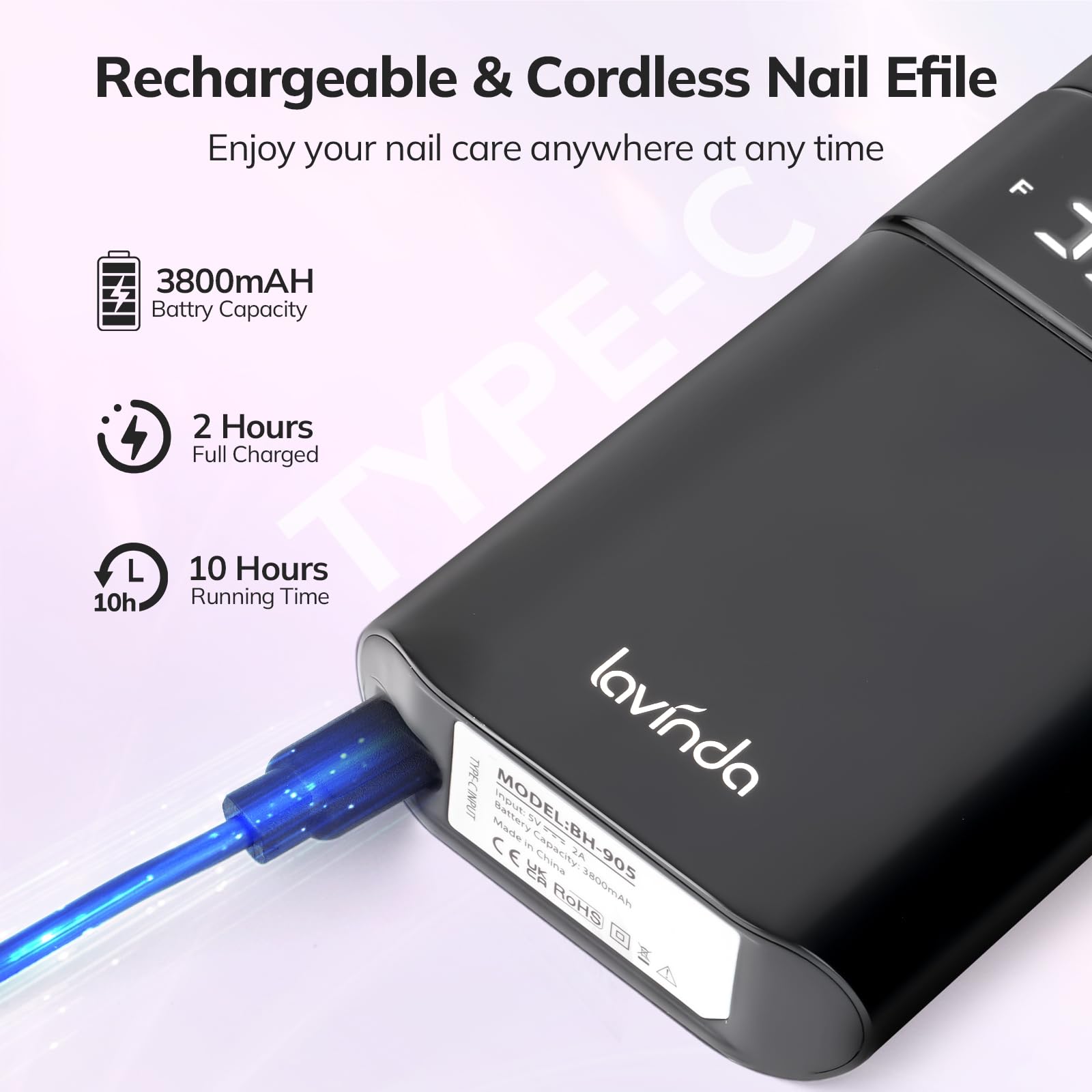 Black Lavinda efile kit displaying the digital LCD screen with real-time battery and speed metrics