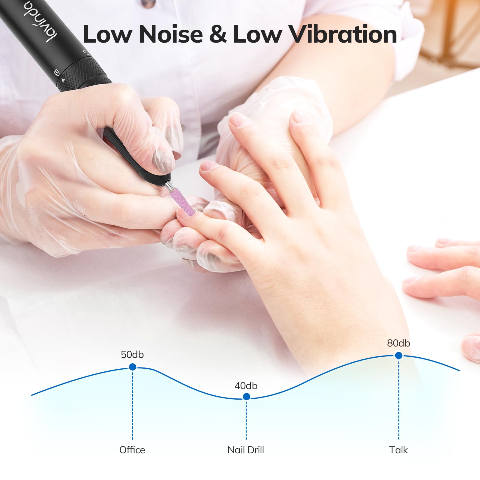 Ergonomic low vibration handpiece of the Lavinda professional electric nail drill for salon manicures