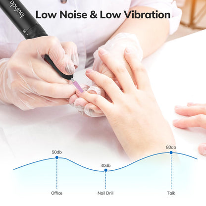 Ergonomic low vibration handpiece of the Lavinda professional electric nail drill for salon manicures