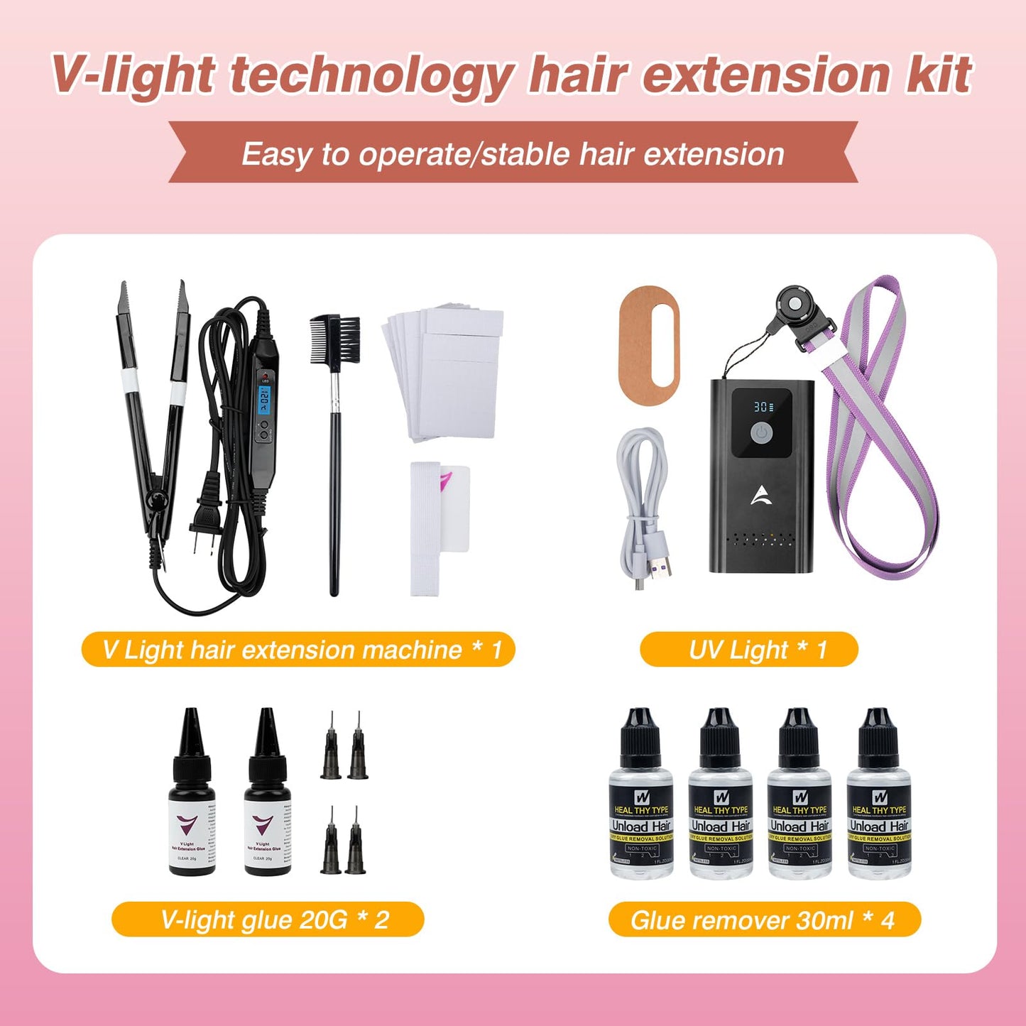 V Light hair extension kit accessories and UV lamp