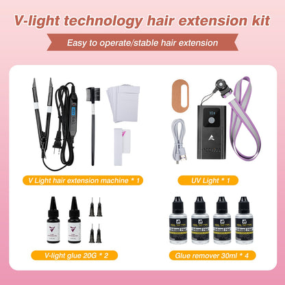 V Light hair extension kit accessories and UV lamp