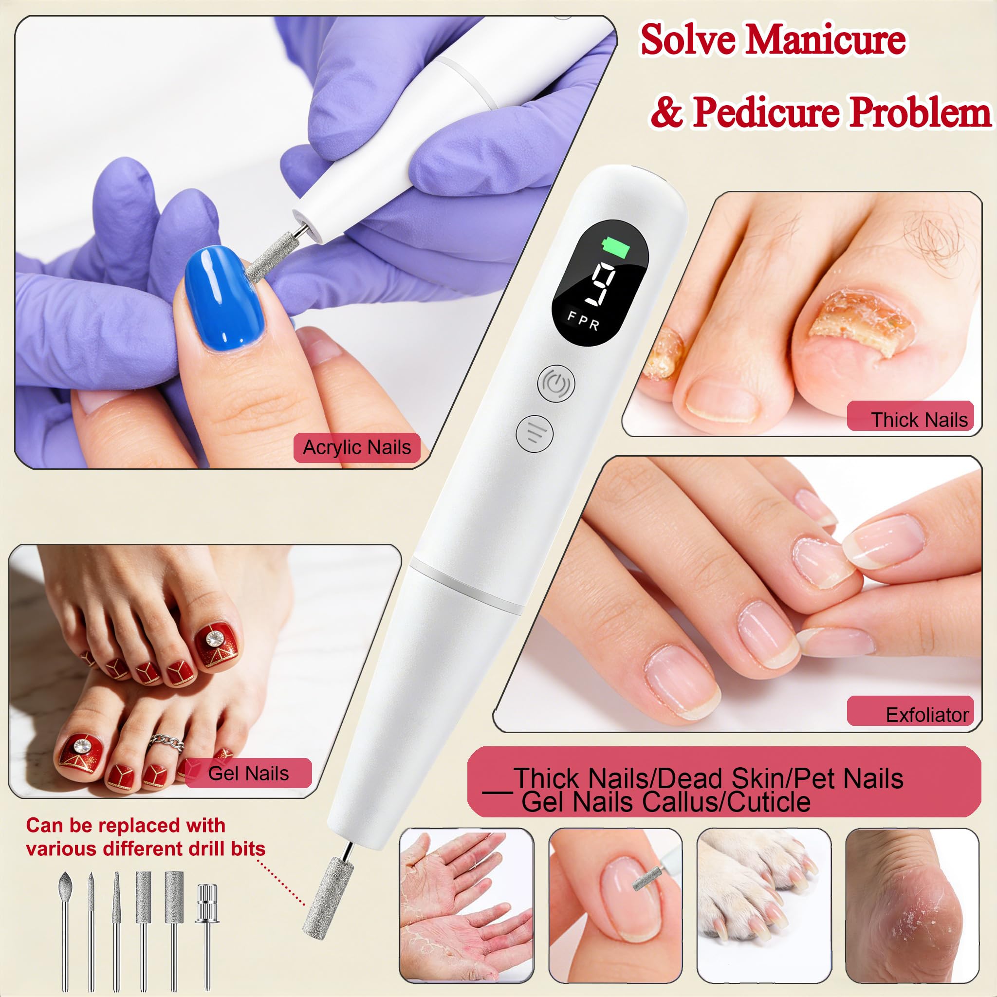 Electric nail drill kit with 6 specialized bits and 26 accessories