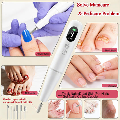 Electric nail drill kit with 6 specialized bits and 26 accessories
