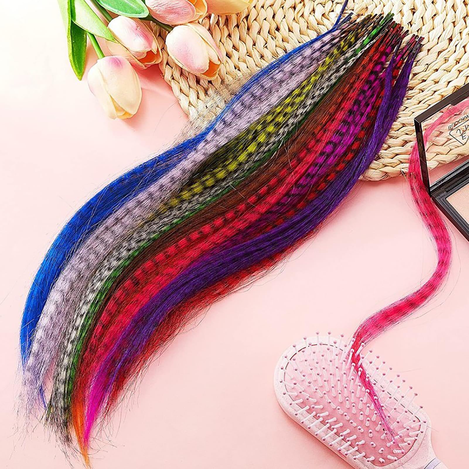 Close up view of Aosome multi-colored synthetic hair feathers