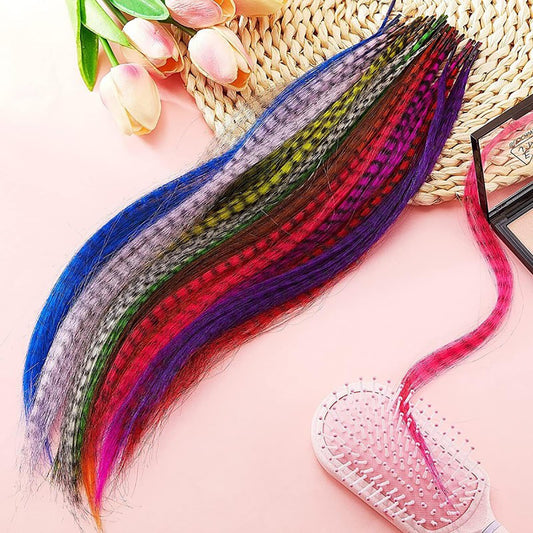 Close up view of Aosome multi-colored synthetic hair feathers