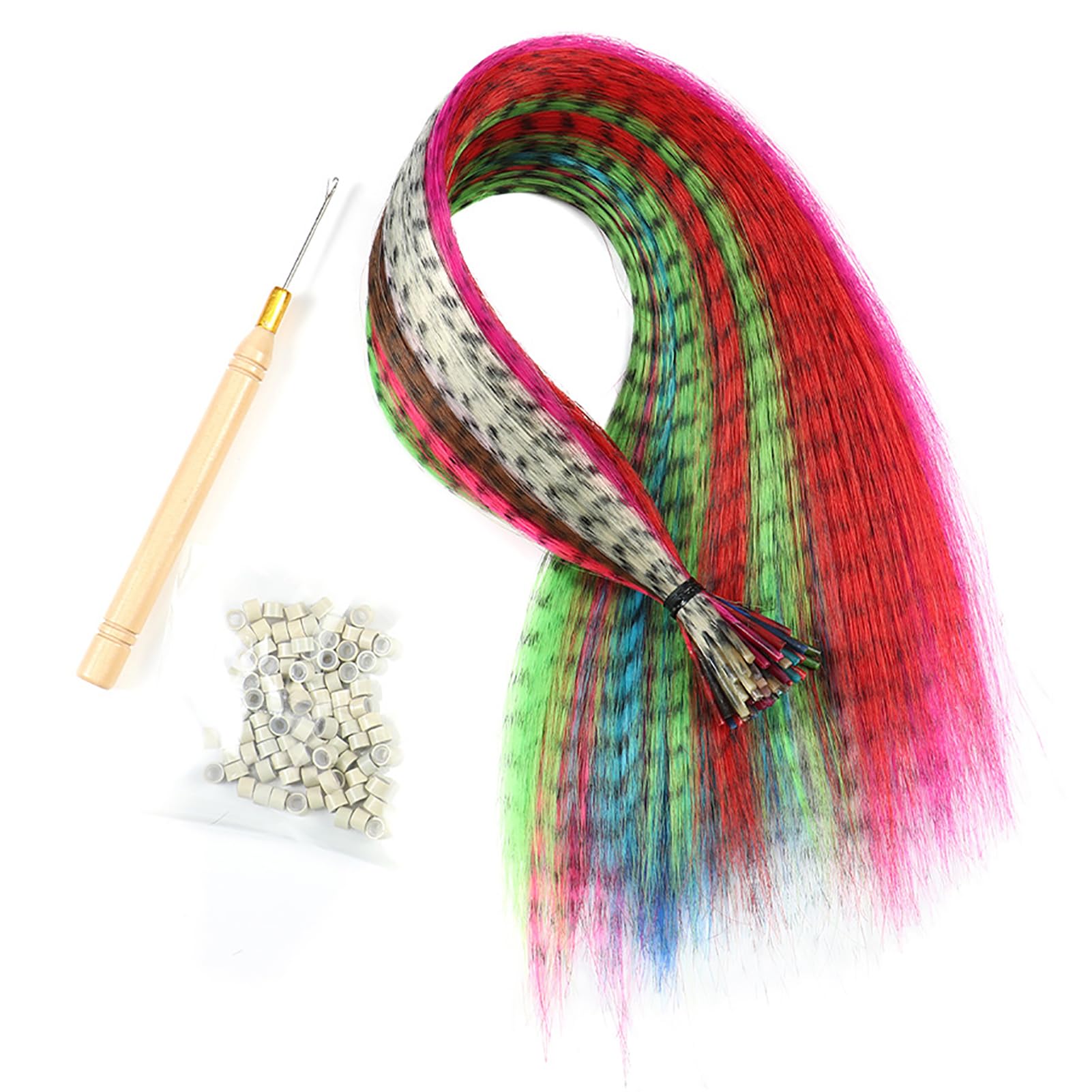 Top view of 50 piece feather hair strand accessory set