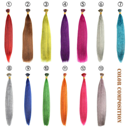 Side profile showing colorful feather extensions applied to hair