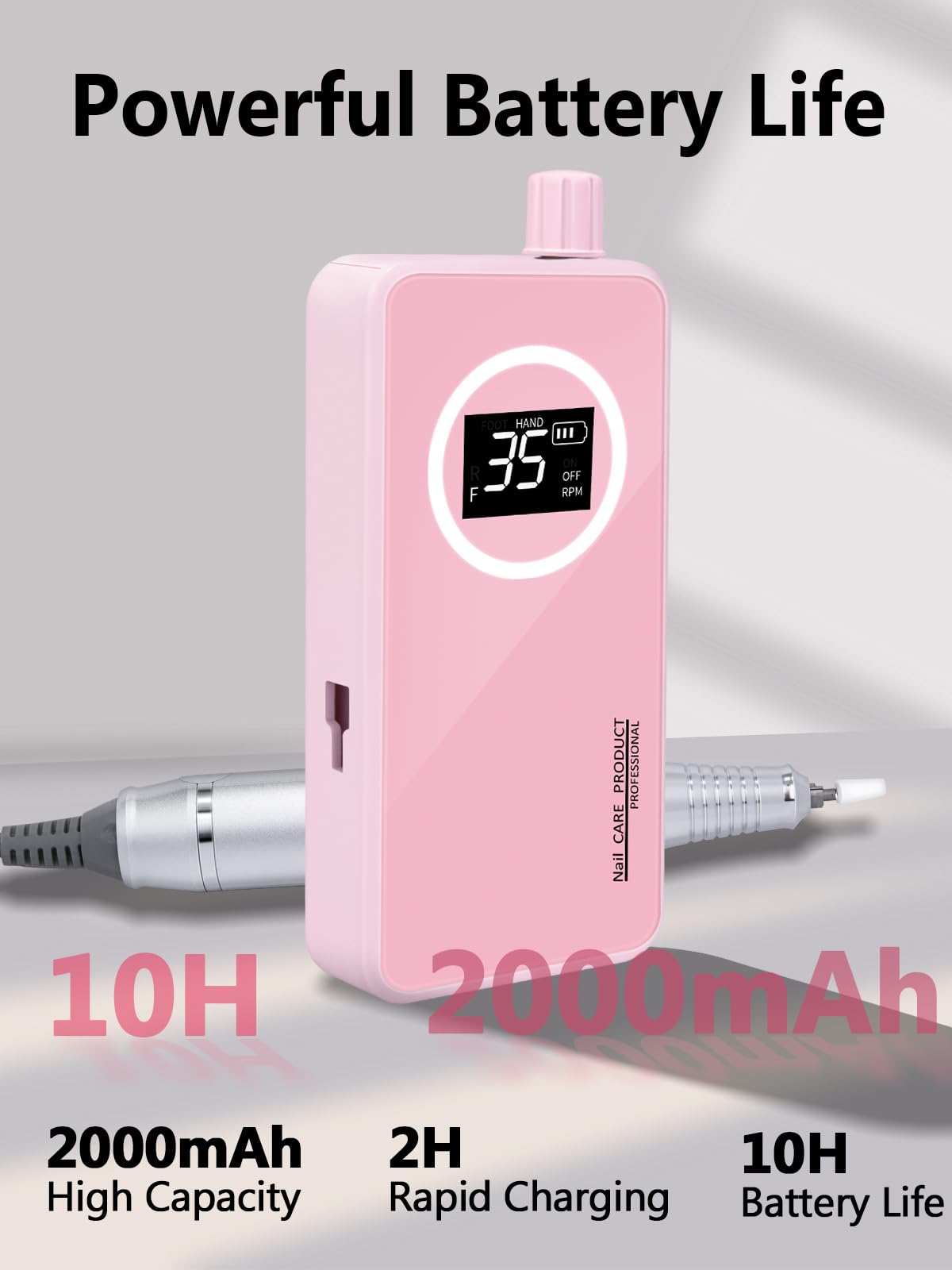 Side profile of pink portable e-file machine for manicure