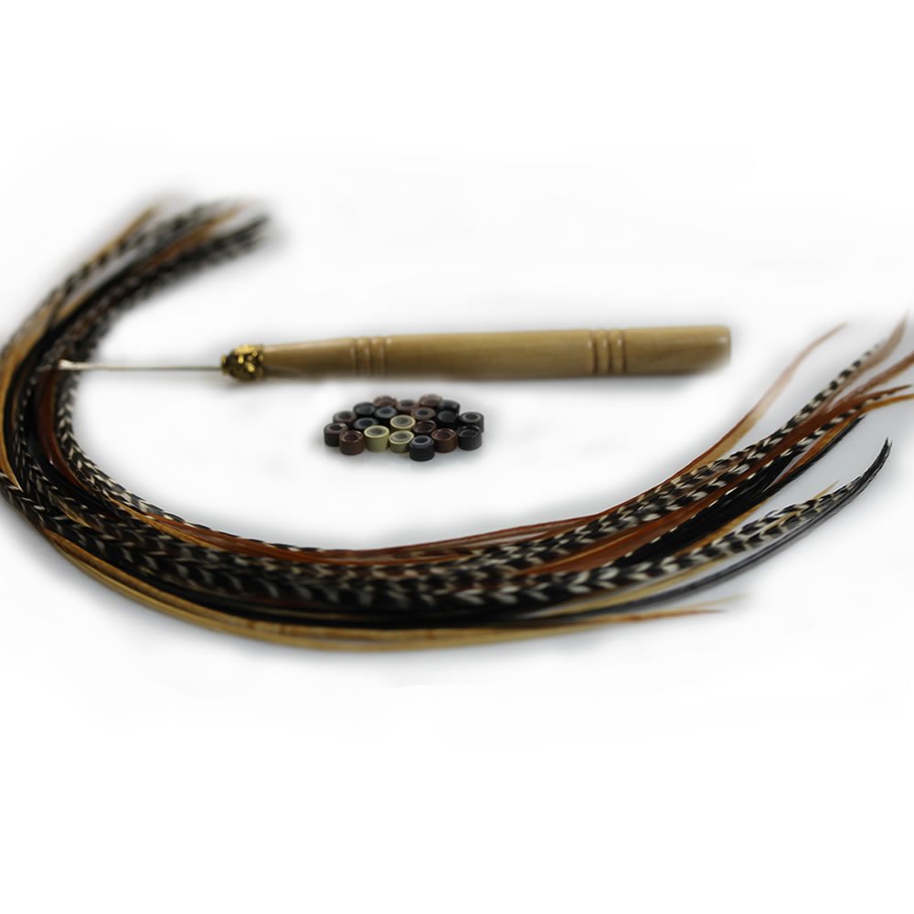 Close up of natural grizzly and solid colored feather hair extensions