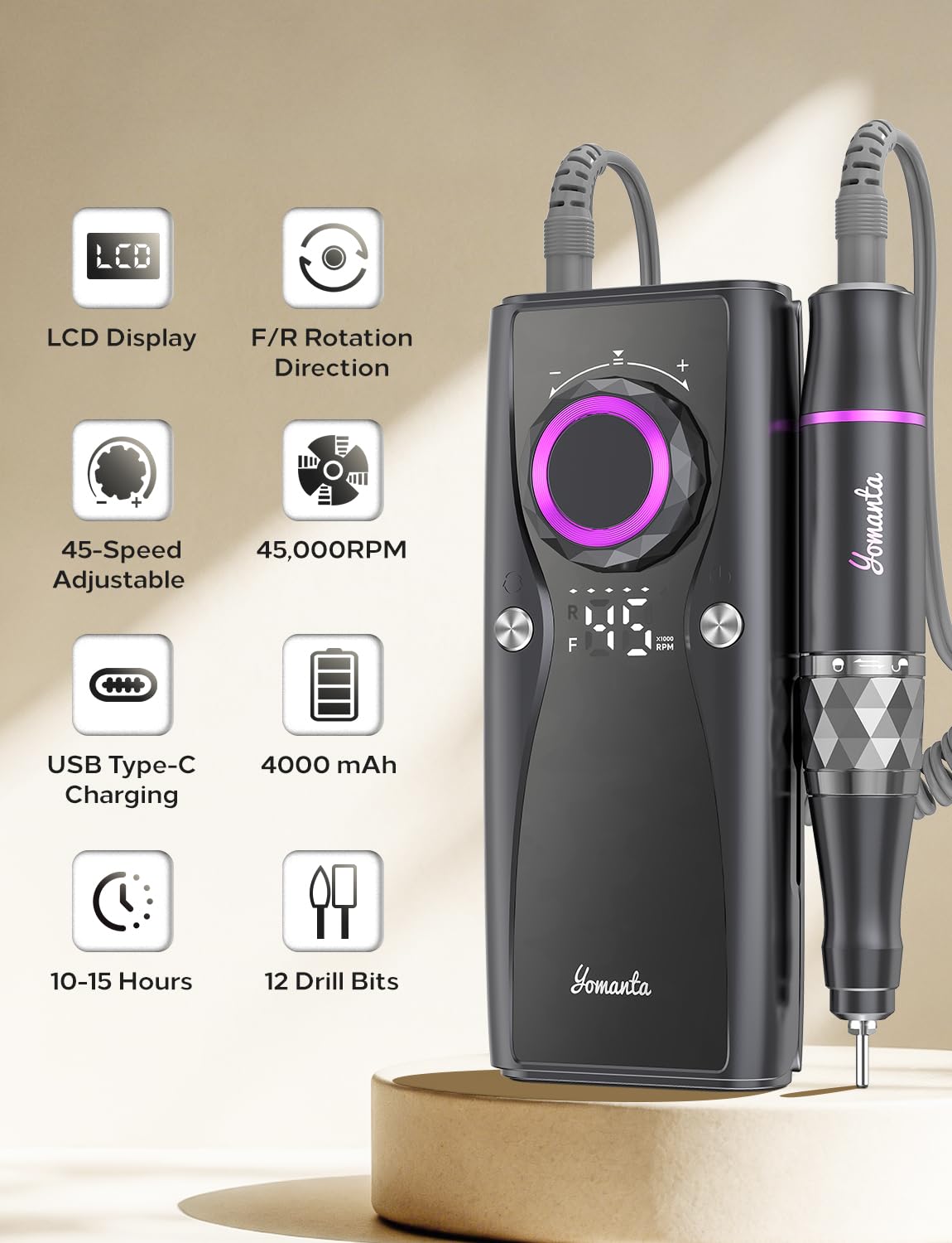 Side profile of the ergonomic low vibration black handpiece connected to the USB rechargeable battery controller