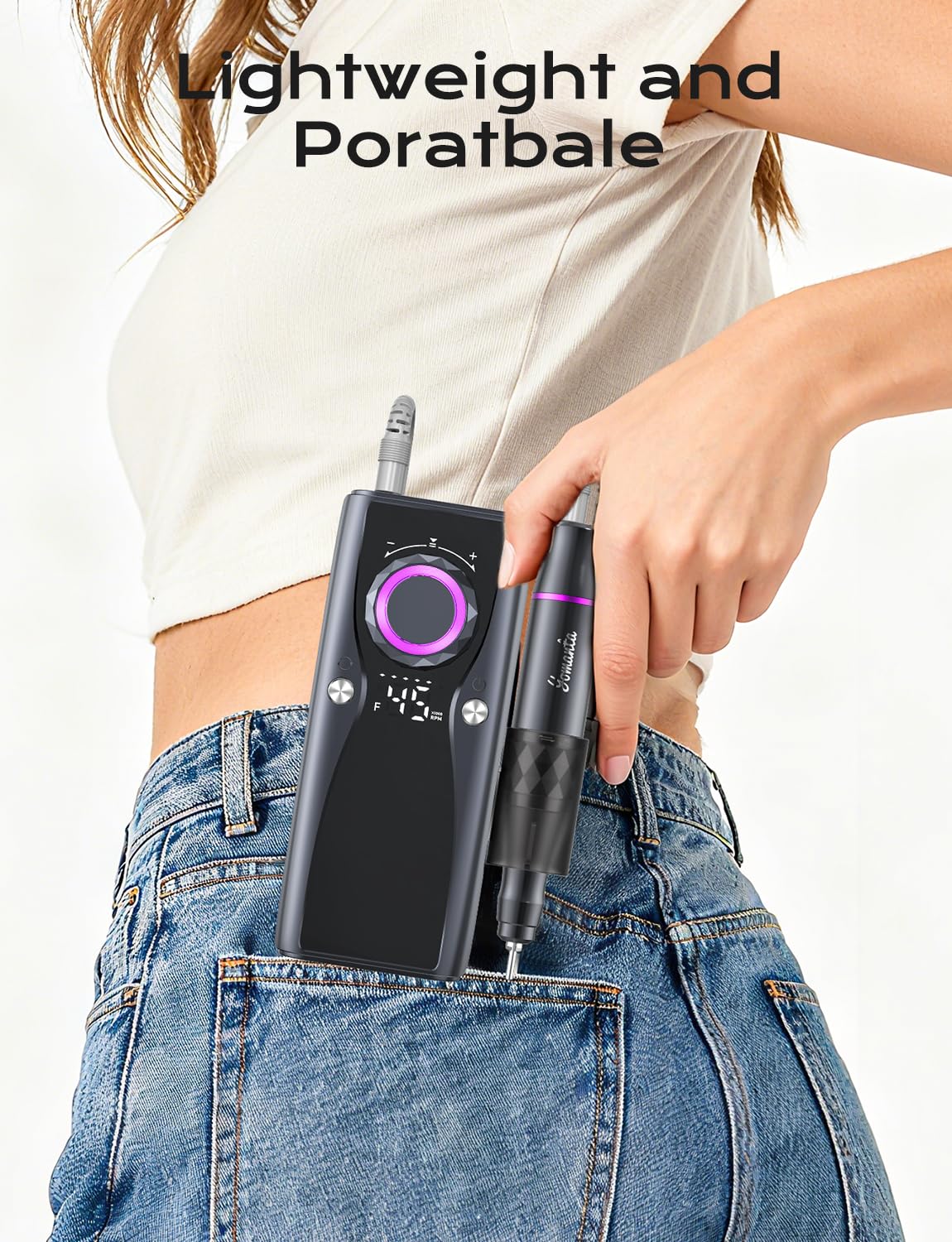 Detailed view of the universal USB type-C charging port on the base of the portable forty five thousand RPM device