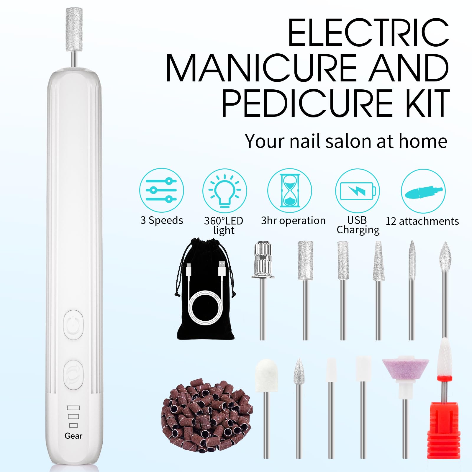 Cordless rechargeable electric nail file machine with LED light