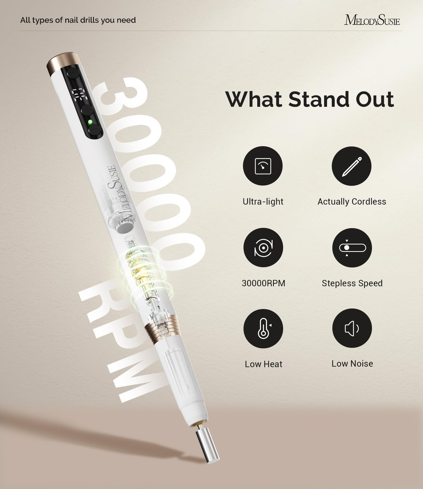 Portable rechargeable electric nail file displaying the integrated smart digital LED screen