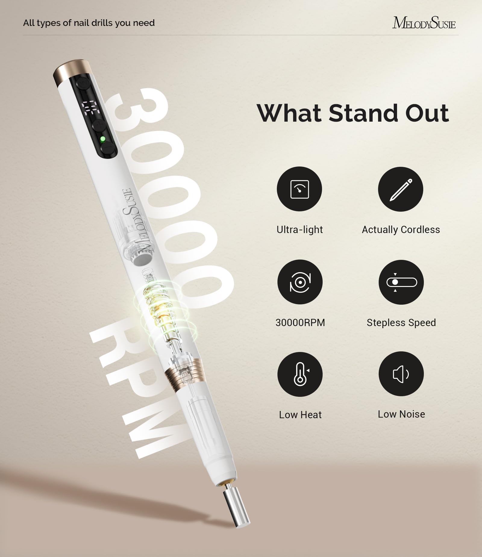 Portable rechargeable electric nail file displaying the integrated smart digital LED screen