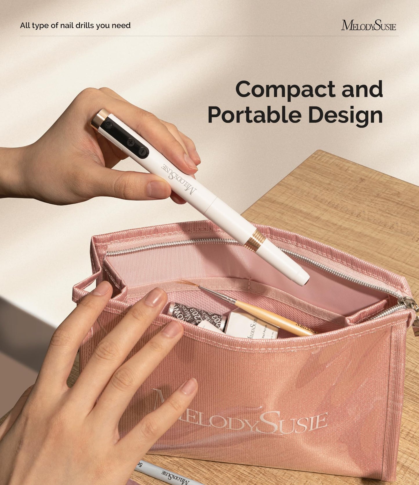 Ultra slim cordless manicure drill surrounded by five interchangeable professional styling bits
